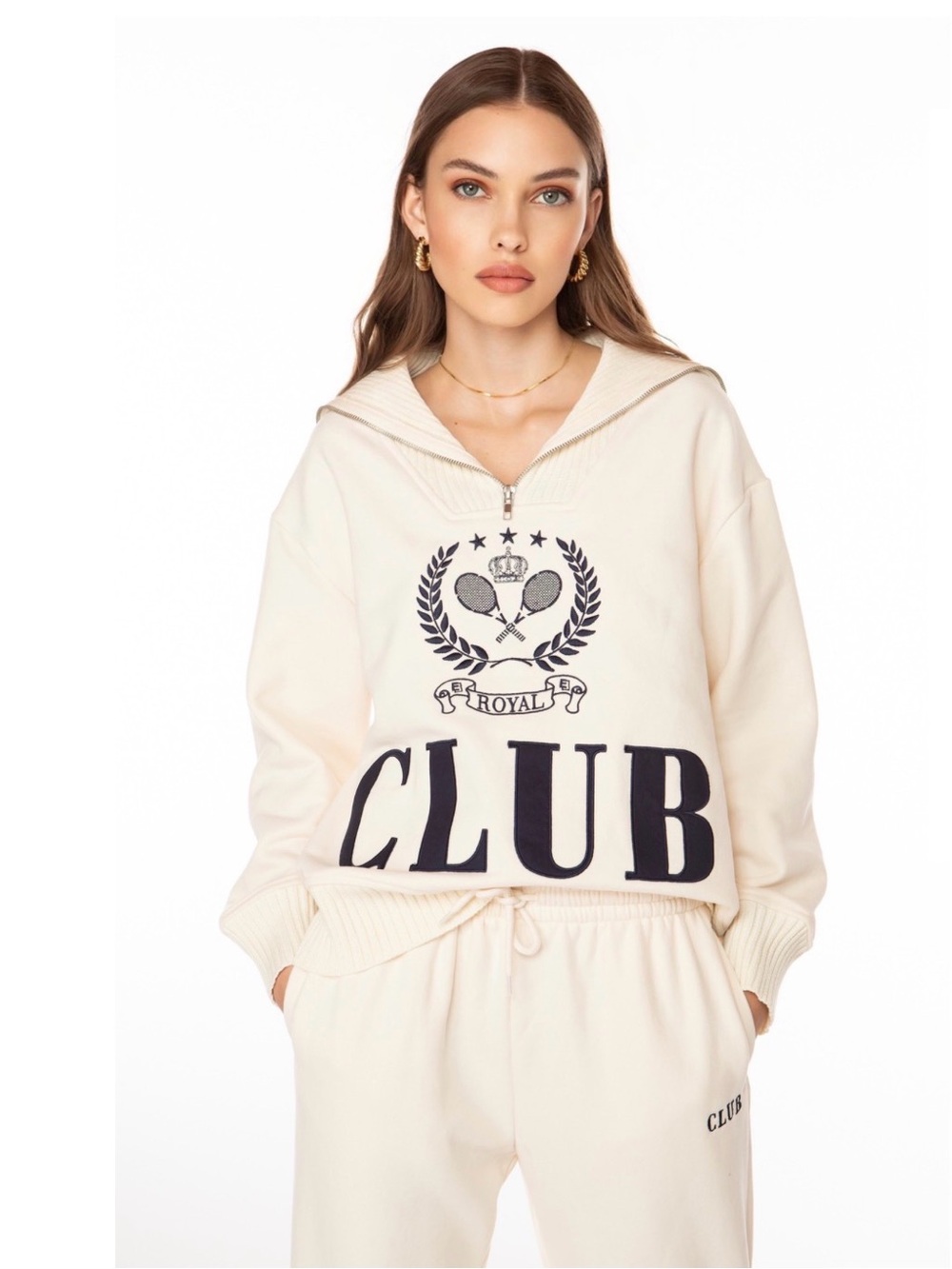 Ellandemm Cream Half-Zip Tennis Country Club Graphic Pullover Hoodie Navy Size M